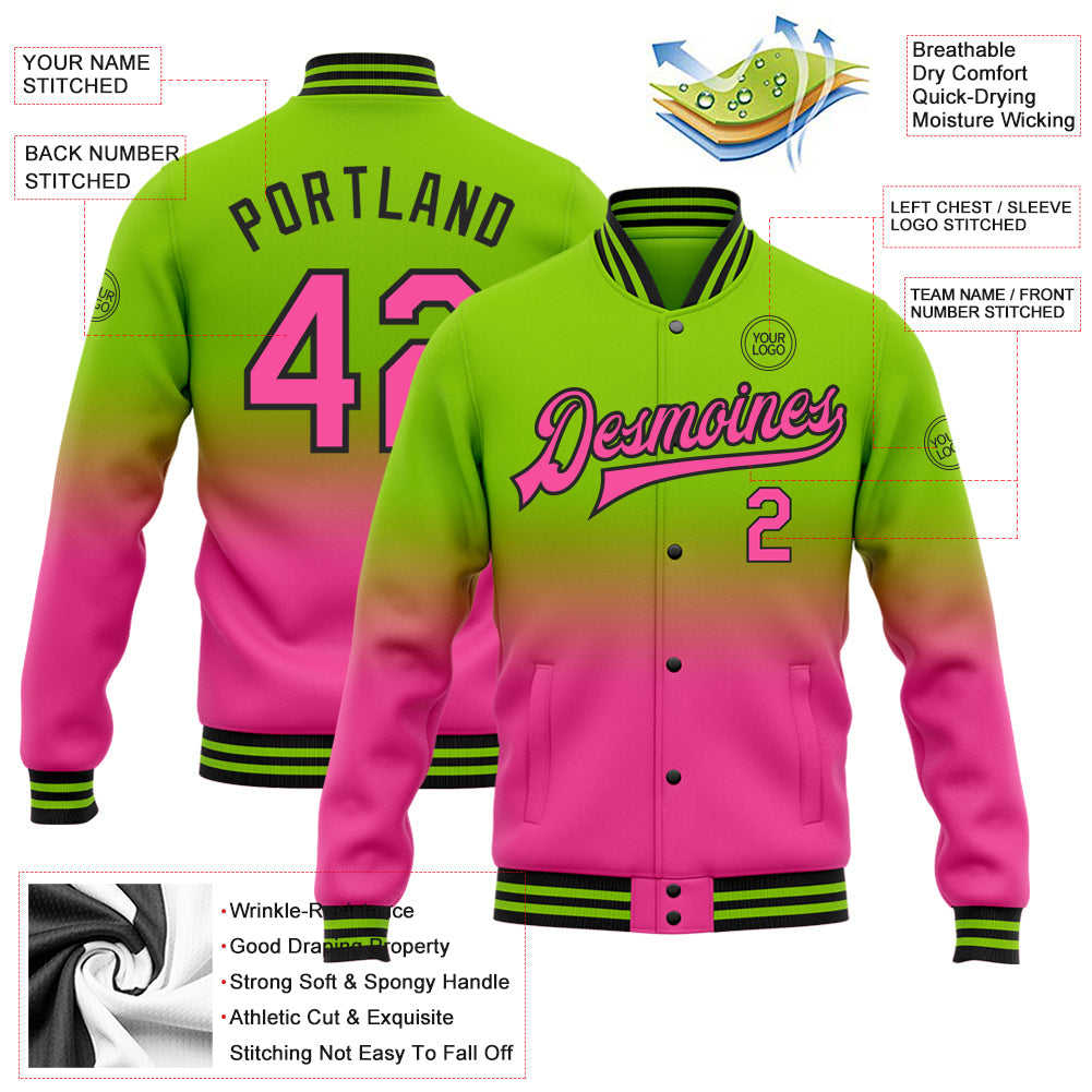 Custom Neon Green Pink-Black Bomber Full-Snap Varsity Letterman Fade Fashion Jacket view 5