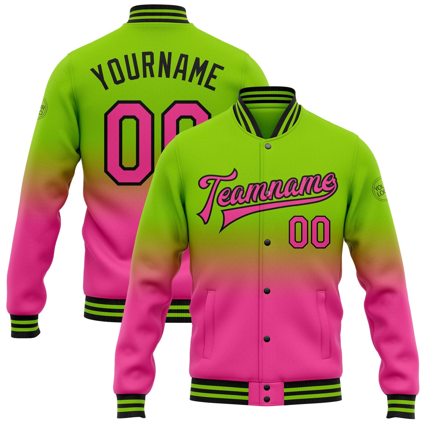 Custom Neon Green Pink-Black Bomber Full-Snap Varsity Letterman Fade Fashion Jacket - Main View