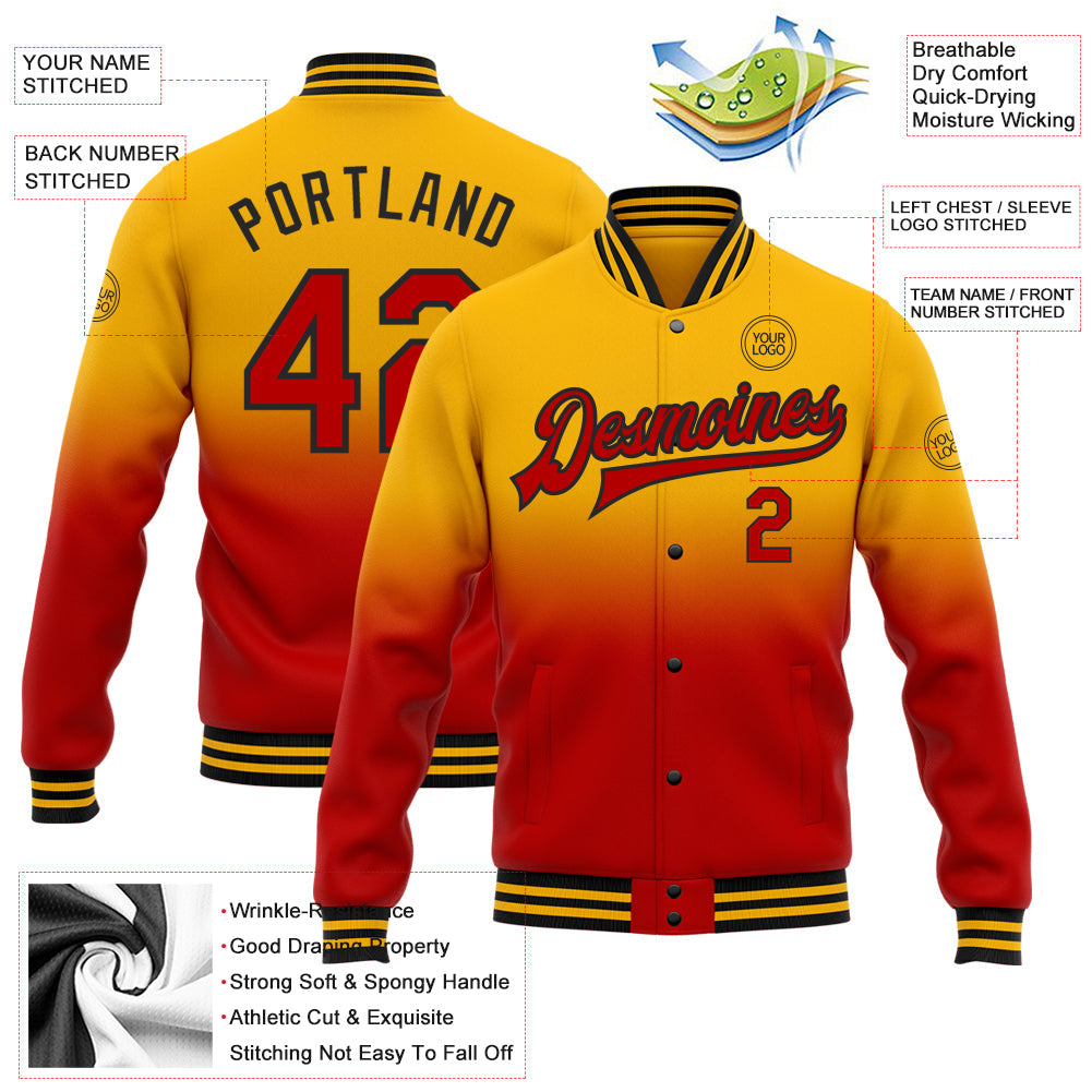 Custom Gold Red-Black Bomber Full-Snap Varsity Letterman Fade Fashion Jacket view 5