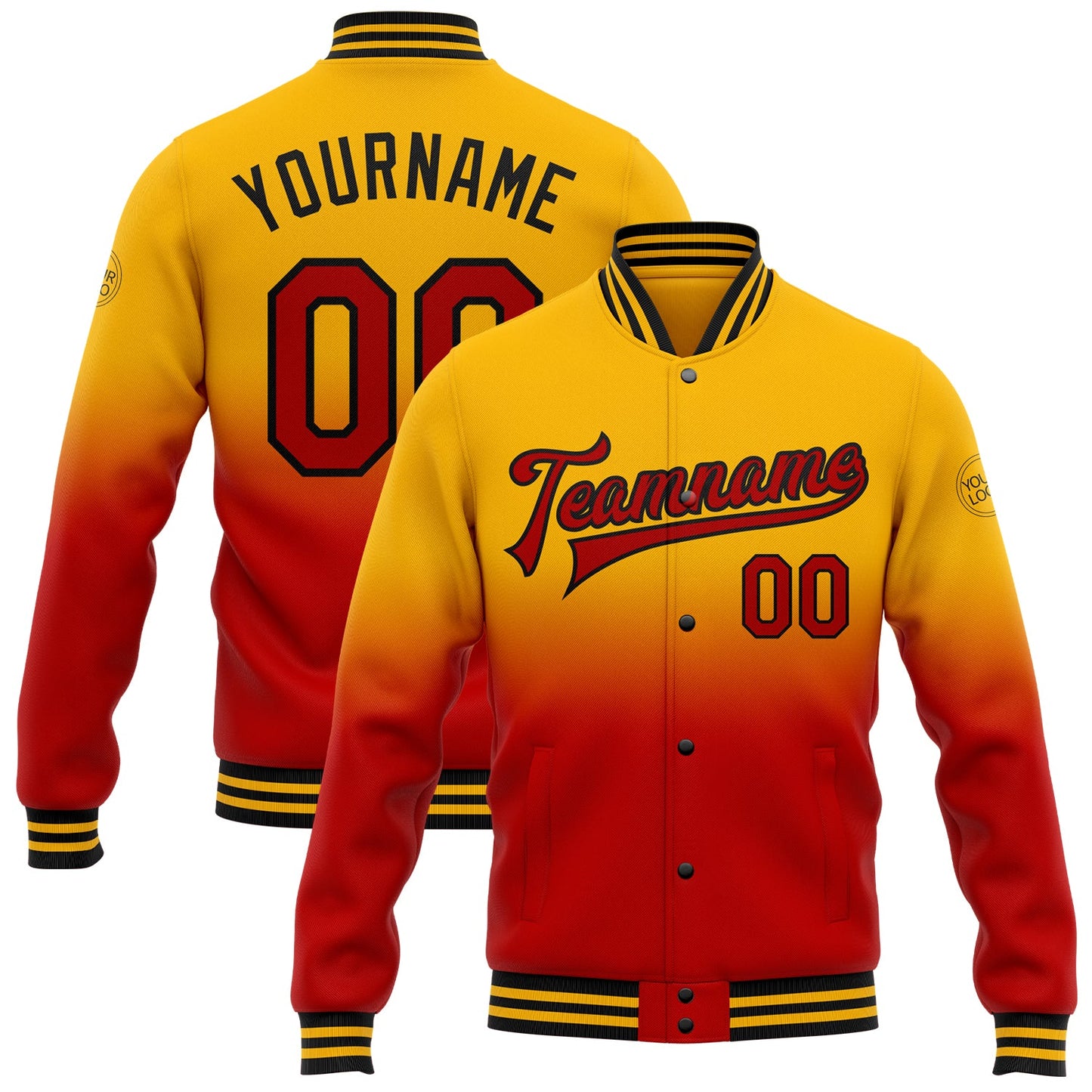 Custom Gold Red-Black Bomber Full-Snap Varsity Letterman Fade Fashion Jacket - Main View
