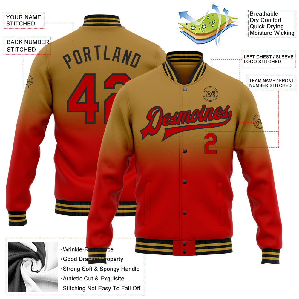 Custom Old Gold Red-Black Bomber Full-Snap Varsity Letterman Fade Fashion Jacket view 5