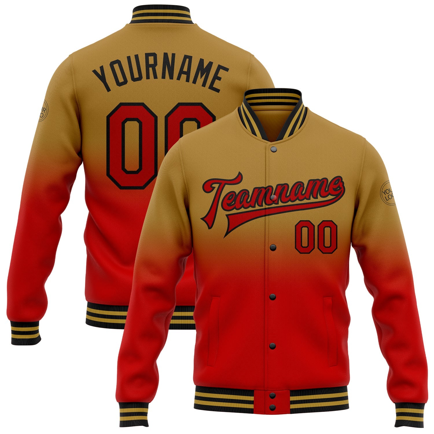 Custom Old Gold Red-Black Bomber Full-Snap Varsity Letterman Fade Fashion Jacket - Main View