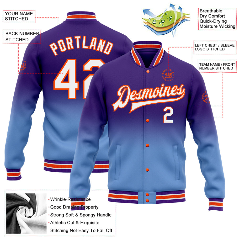 Custom Purple White Light Blue-Orange Bomber Full-Snap Varsity Letterman Fade Fashion Jacket view 5