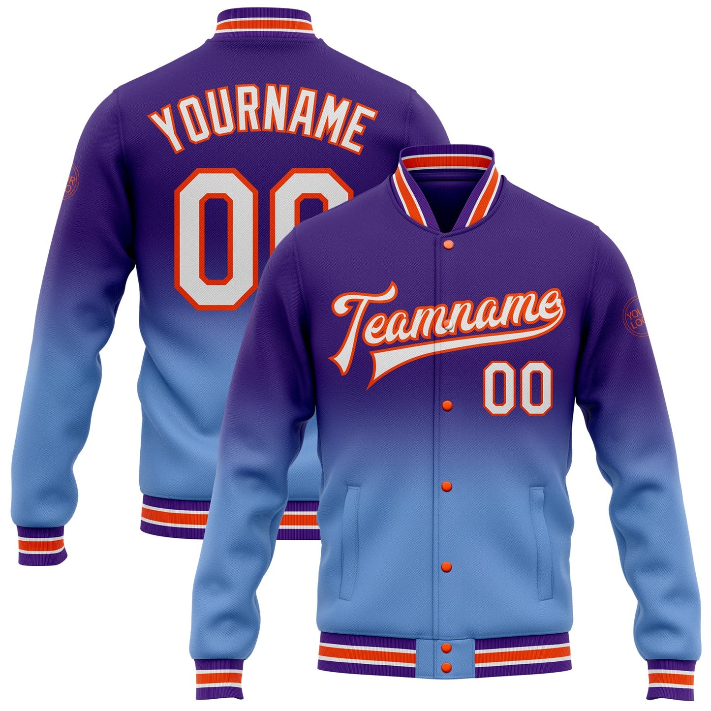 Custom Purple White Light Blue-Orange Bomber Full-Snap Varsity Letterman Fade Fashion Jacket - Main View