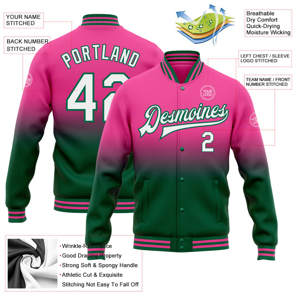 Custom Pink White-Kelly Green Bomber Full-Snap Varsity Letterman Fade Fashion Jacket view 5