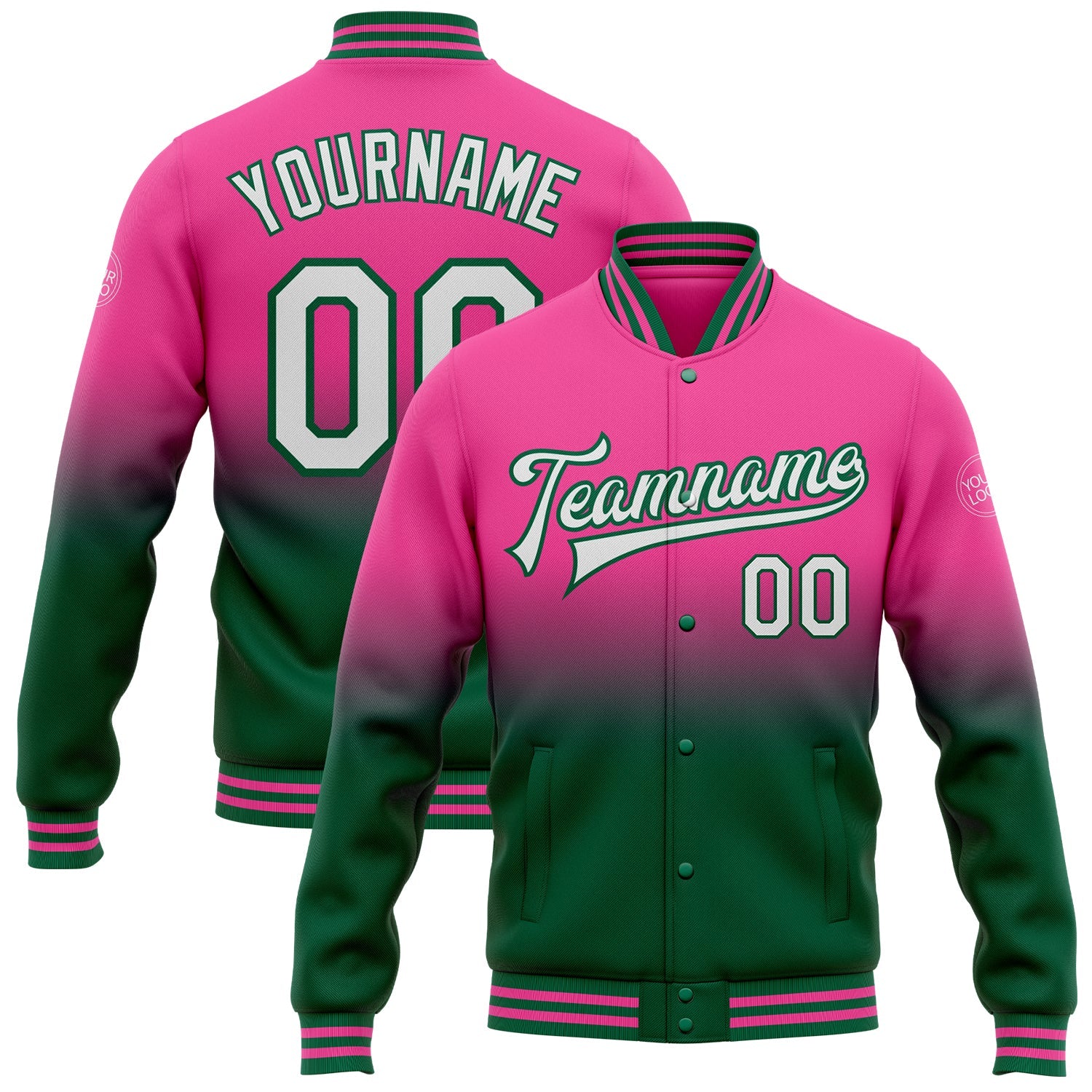 Custom Pink White-Kelly Green Bomber Full-Snap Varsity Letterman Fade Fashion Jacket - Main View