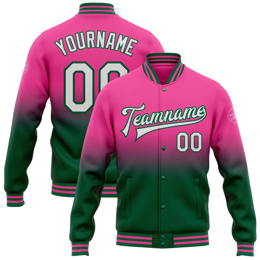 Custom Pink White-Kelly Green Bomber Full-Snap Varsity Letterman Fade Fashion Jacket - Main View