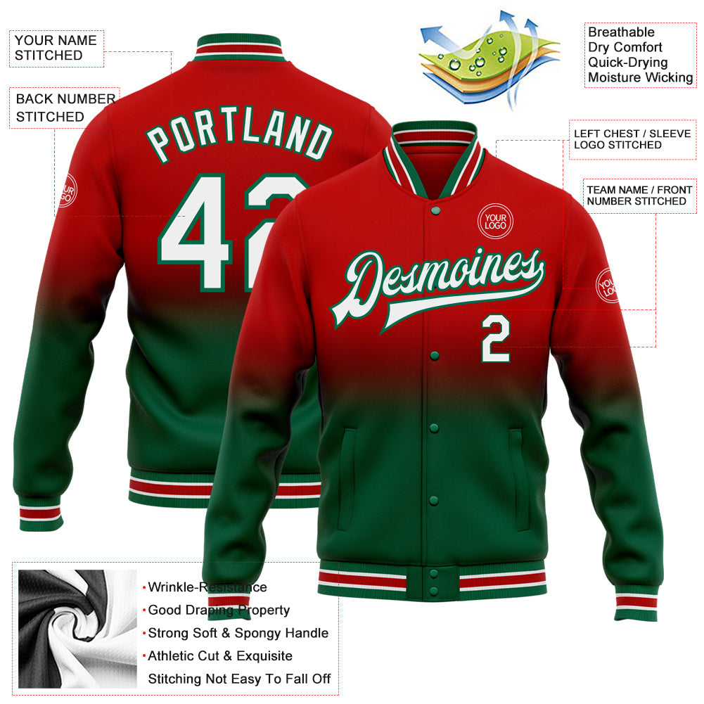 Custom Red White-Kelly Green Bomber Full-Snap Varsity Letterman Fade Fashion Jacket view 5
