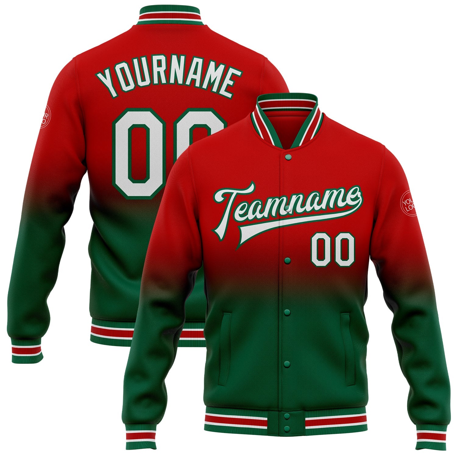 Custom Red White-Kelly Green Bomber Full-Snap Varsity Letterman Fade Fashion Jacket - Main View