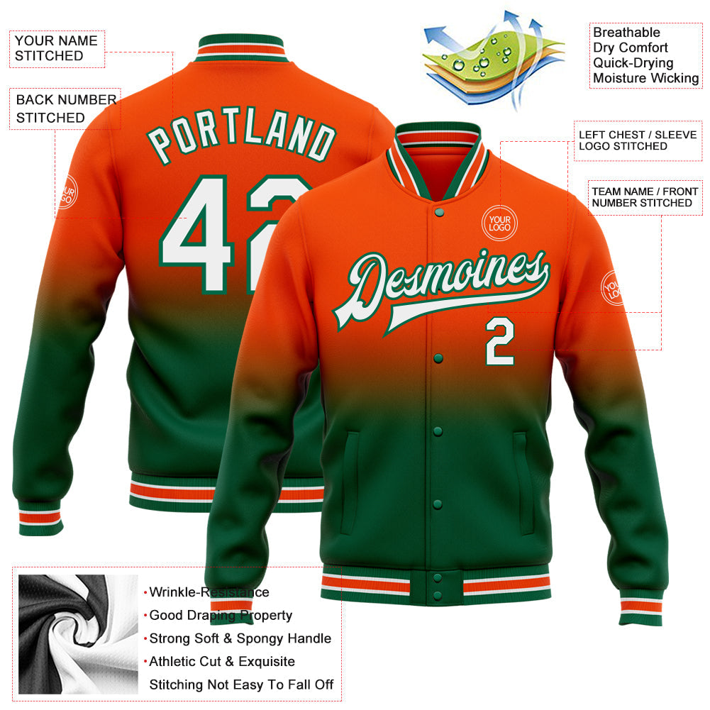 Custom Orange White-Kelly Green Bomber Full-Snap Varsity Letterman Fade Fashion Jacket view 5