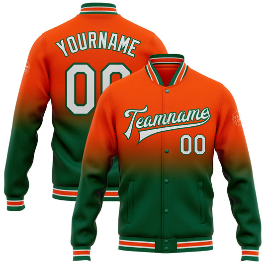 Custom Orange White-Kelly Green Bomber Full-Snap Varsity Letterman Fade Fashion Jacket - Main View