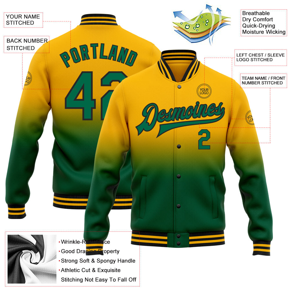Custom Gold Kelly Green-Black Bomber Full-Snap Varsity Letterman Fade Fashion Jacket view 5