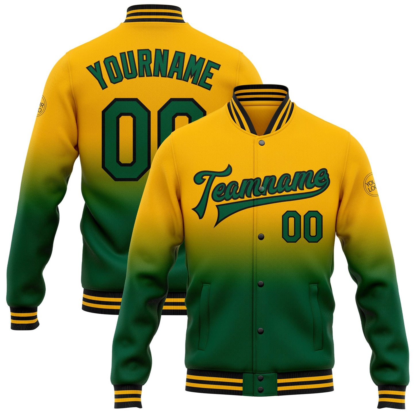 Custom Gold Kelly Green-Black Bomber Full-Snap Varsity Letterman Fade Fashion Jacket - Main View
