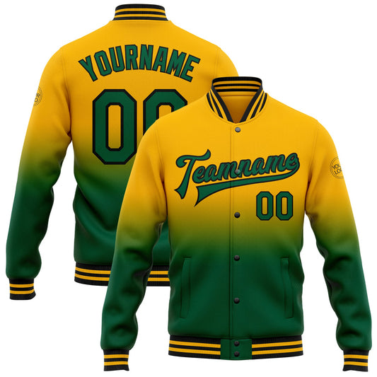 Custom Gold Kelly Green-Black Bomber Full-Snap Varsity Letterman Fade Fashion Jacket - Main View