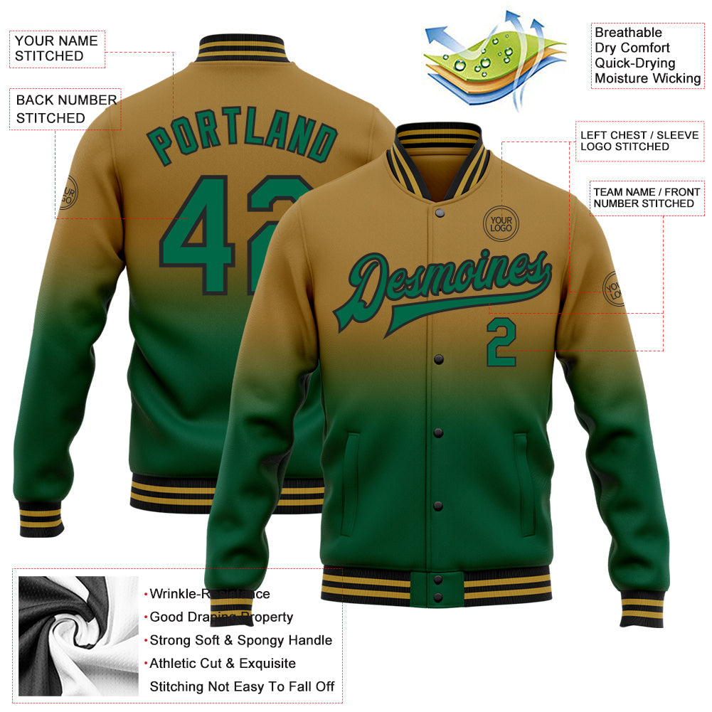 Custom Old Gold Kelly Green-Black Bomber Full-Snap Varsity Letterman Fade Fashion Jacket view 5