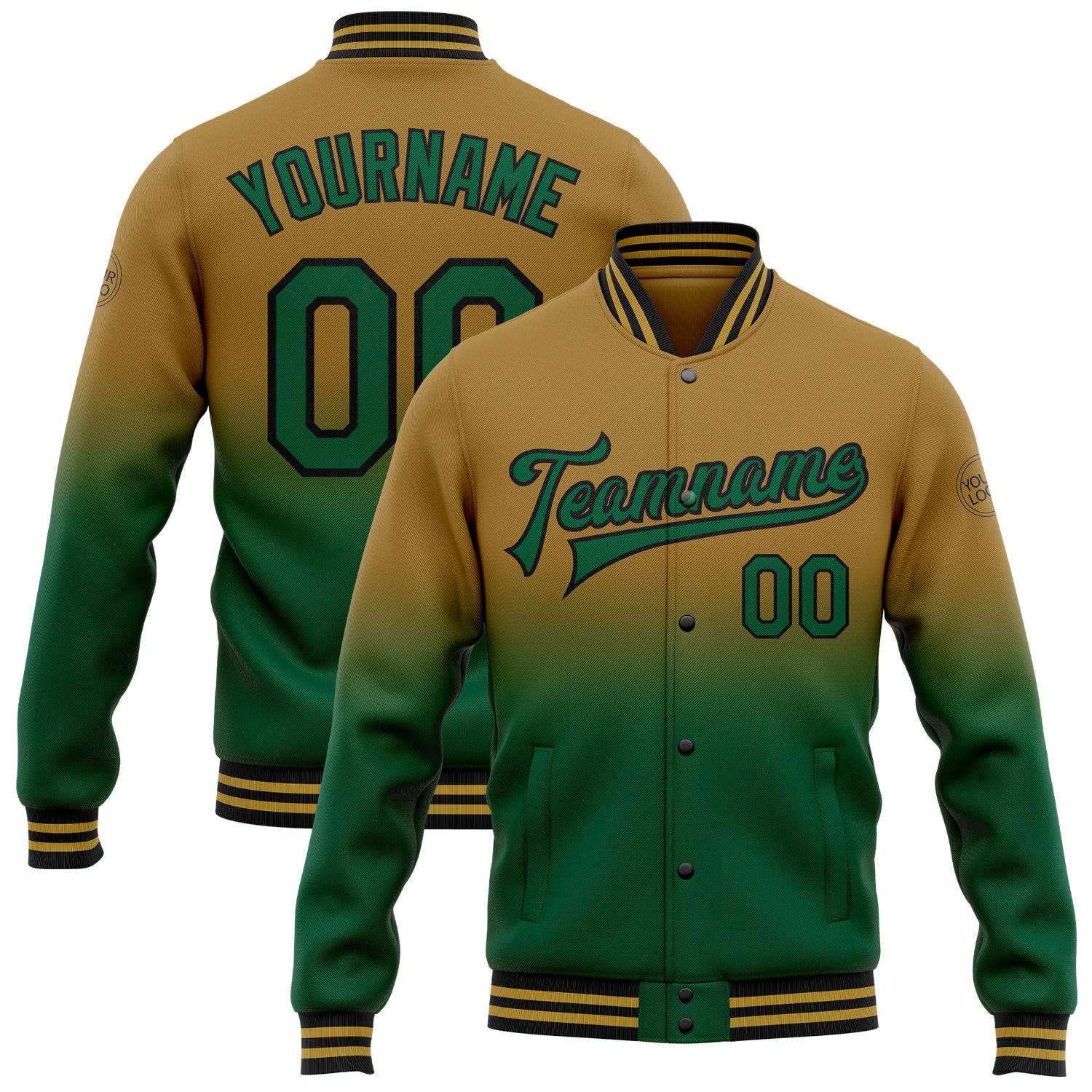 Custom Old Gold Kelly Green-Black Bomber Full-Snap Varsity Letterman Fade Fashion Jacket - Main View