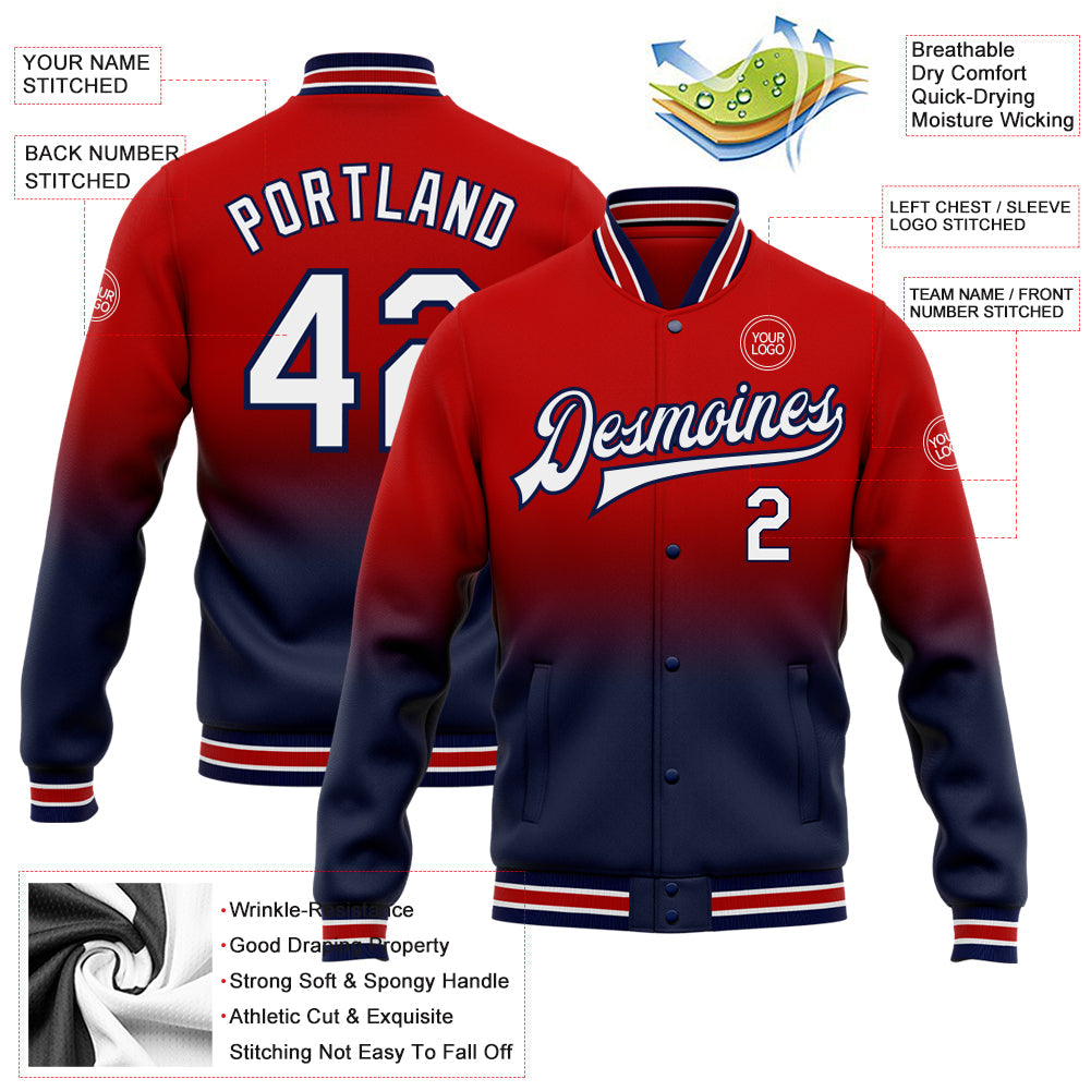 Custom Red White-Navy Bomber Full-Snap Varsity Letterman Fade Fashion Jacket view 5