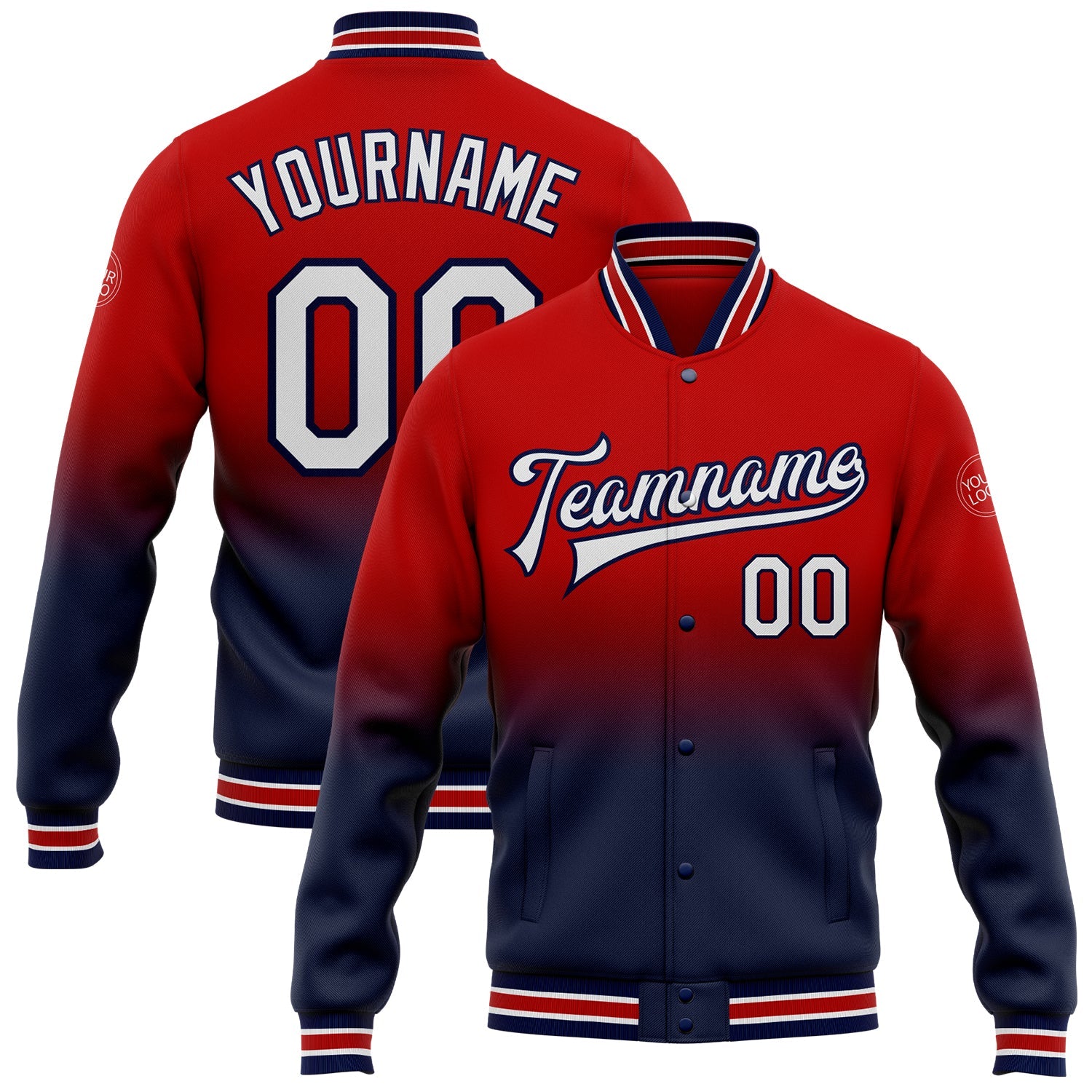 Custom Red White-Navy Bomber Full-Snap Varsity Letterman Fade Fashion Jacket - Main View
