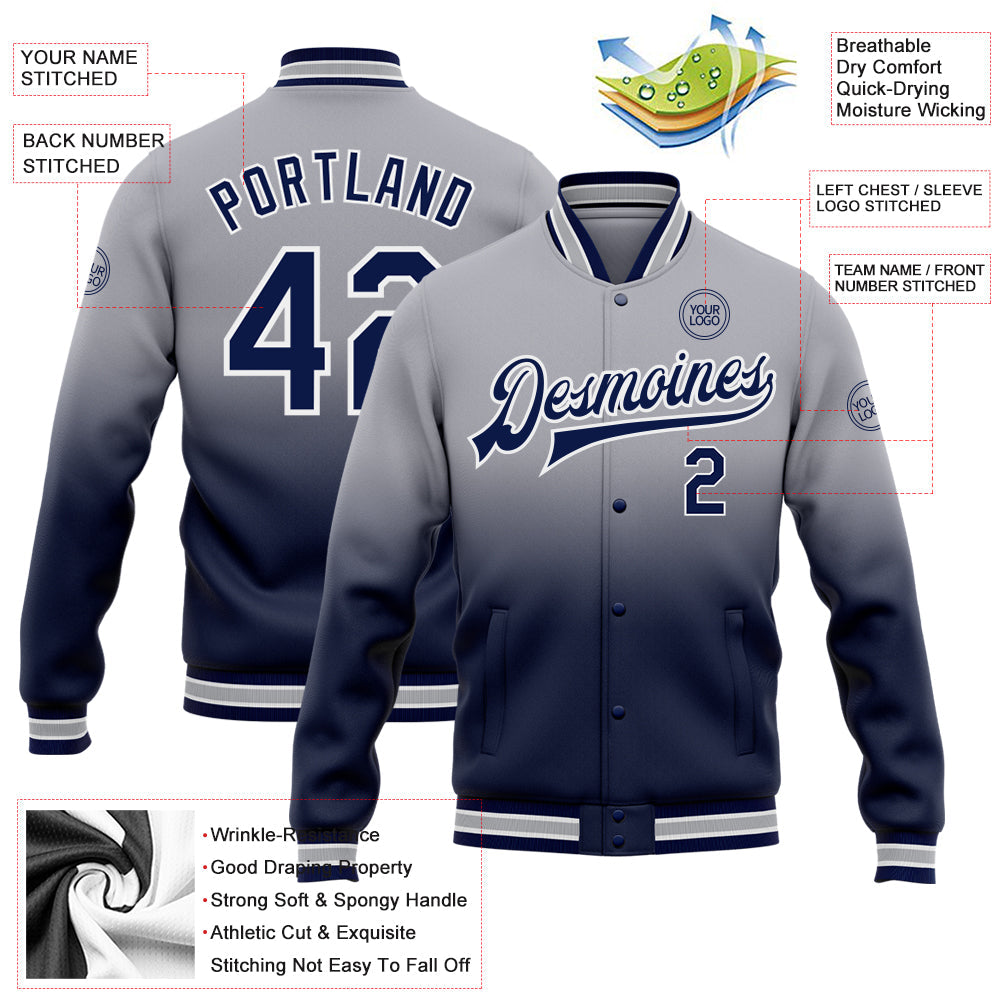 Custom Gray Navy-White Bomber Full-Snap Varsity Letterman Fade Fashion Jacket view 5