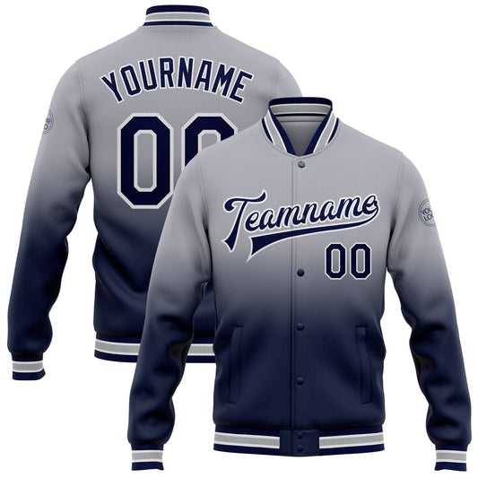 Custom Gray Navy-White Bomber Full-Snap Varsity Letterman Fade Fashion Jacket - Main View
