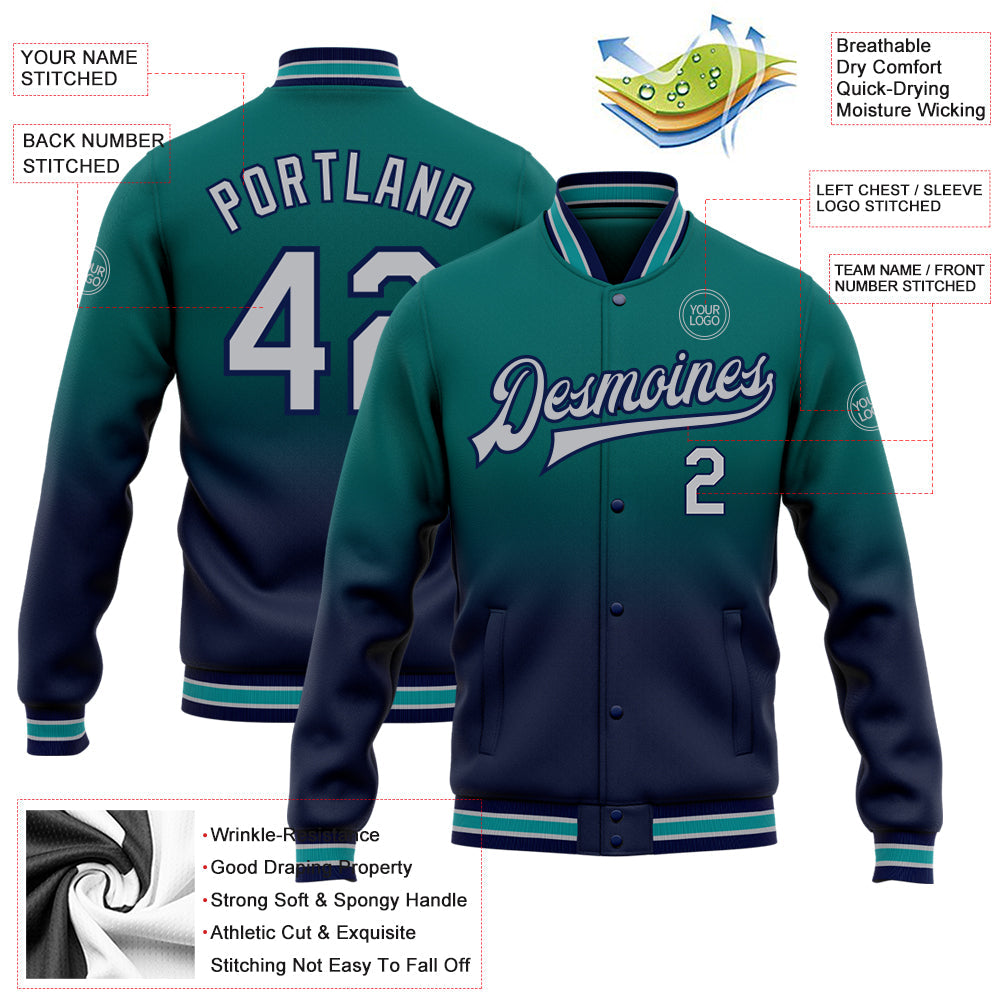 Custom Teal Gray-Navy Bomber Full-Snap Varsity Letterman Fade Fashion Jacket view 5