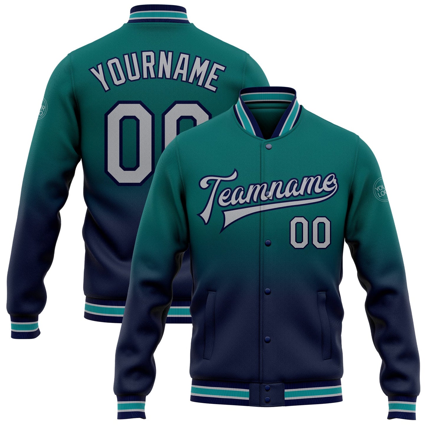 Custom Teal Gray-Navy Bomber Full-Snap Varsity Letterman Fade Fashion Jacket - Main View