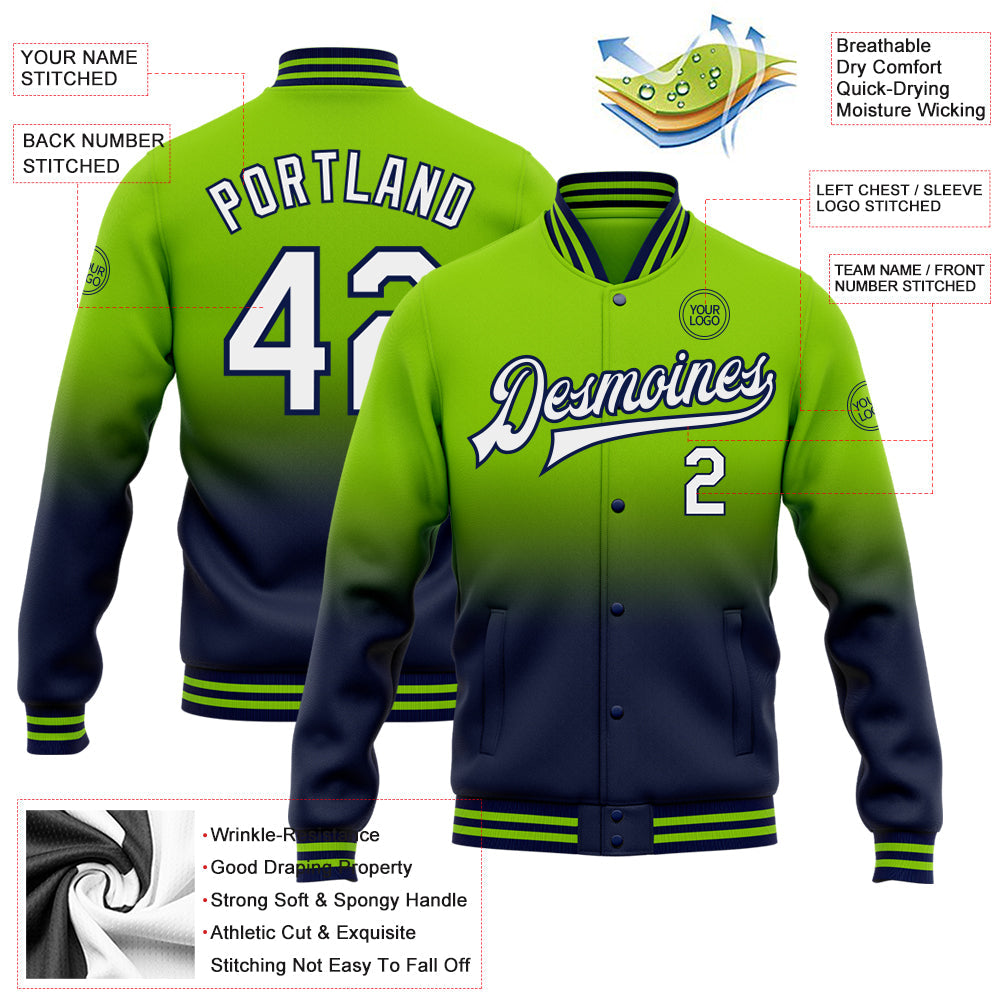 Custom Neon Green White-Navy Bomber Full-Snap Varsity Letterman Fade Fashion Jacket view 5