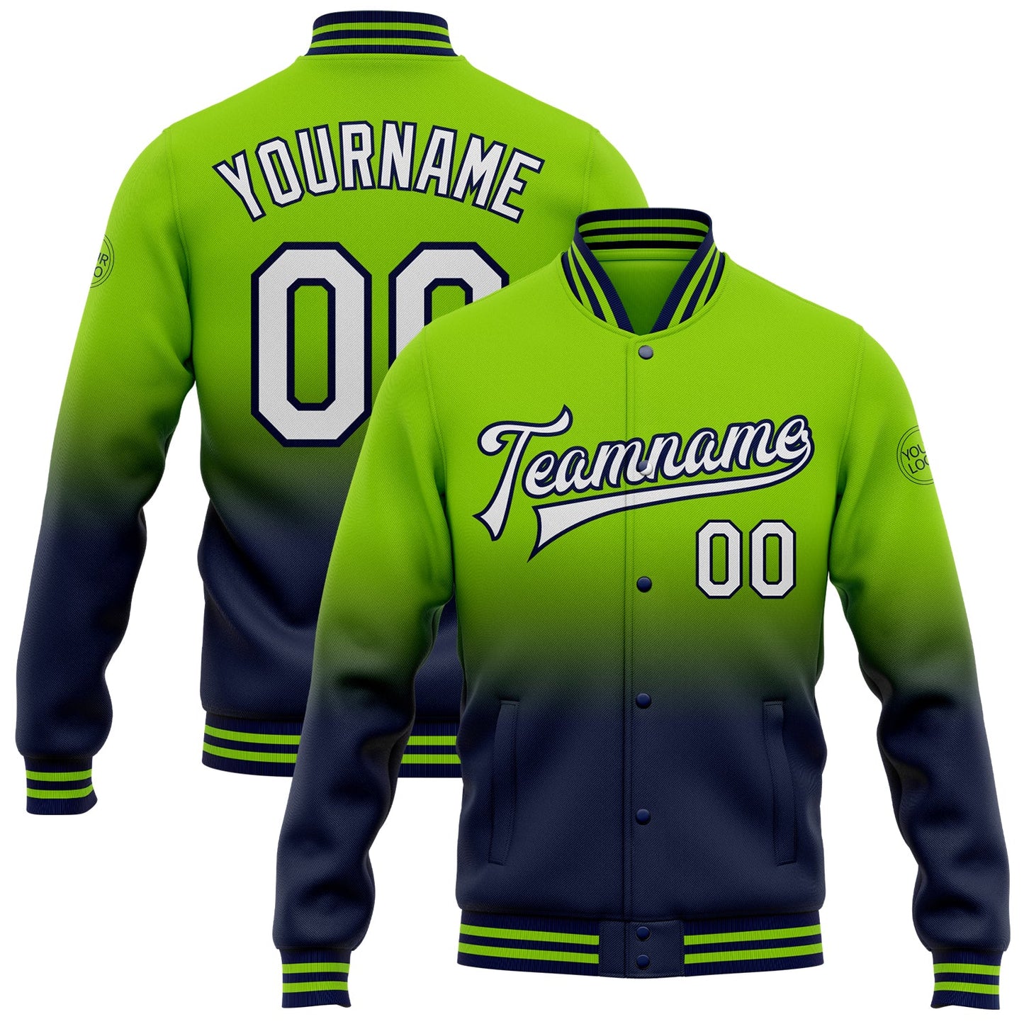 Custom Neon Green White-Navy Bomber Full-Snap Varsity Letterman Fade Fashion Jacket - Main View