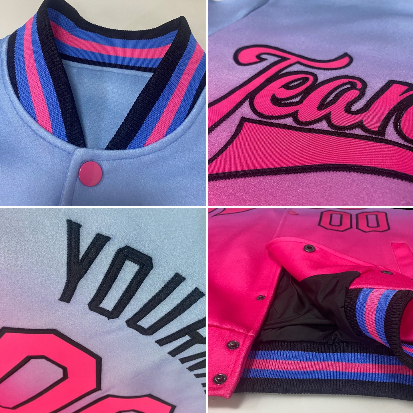 Custom Light Blue White-Navy Bomber Full-Snap Varsity Letterman Fade Fashion Jacket view 4