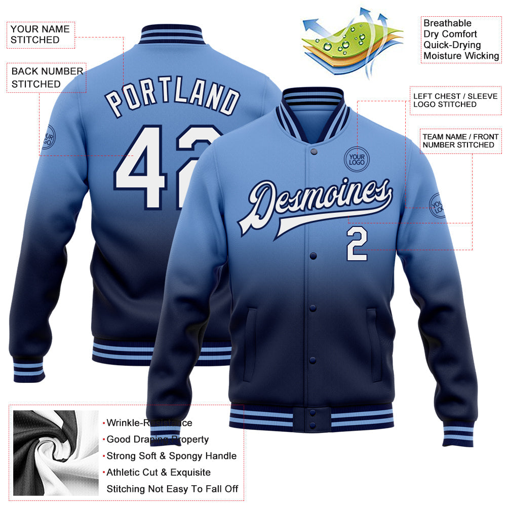 Custom Light Blue White-Navy Bomber Full-Snap Varsity Letterman Fade Fashion Jacket view 5