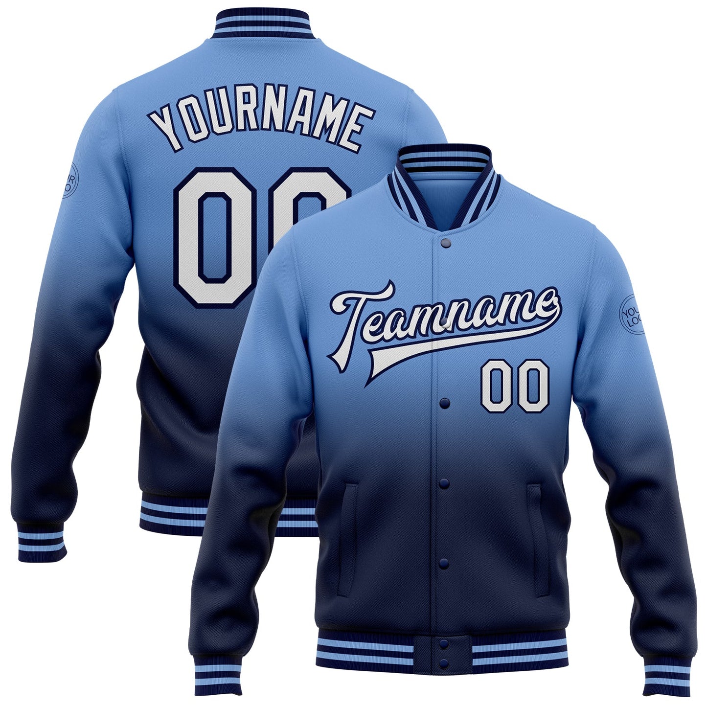 Custom Light Blue White-Navy Bomber Full-Snap Varsity Letterman Fade Fashion Jacket - Main View