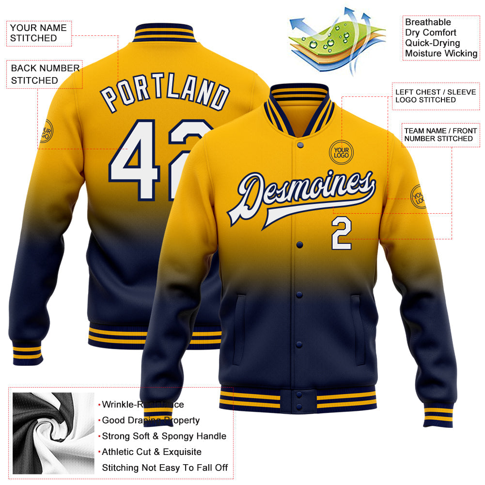 Custom Gold White-Navy Bomber Full-Snap Varsity Letterman Fade Fashion Jacket view 5