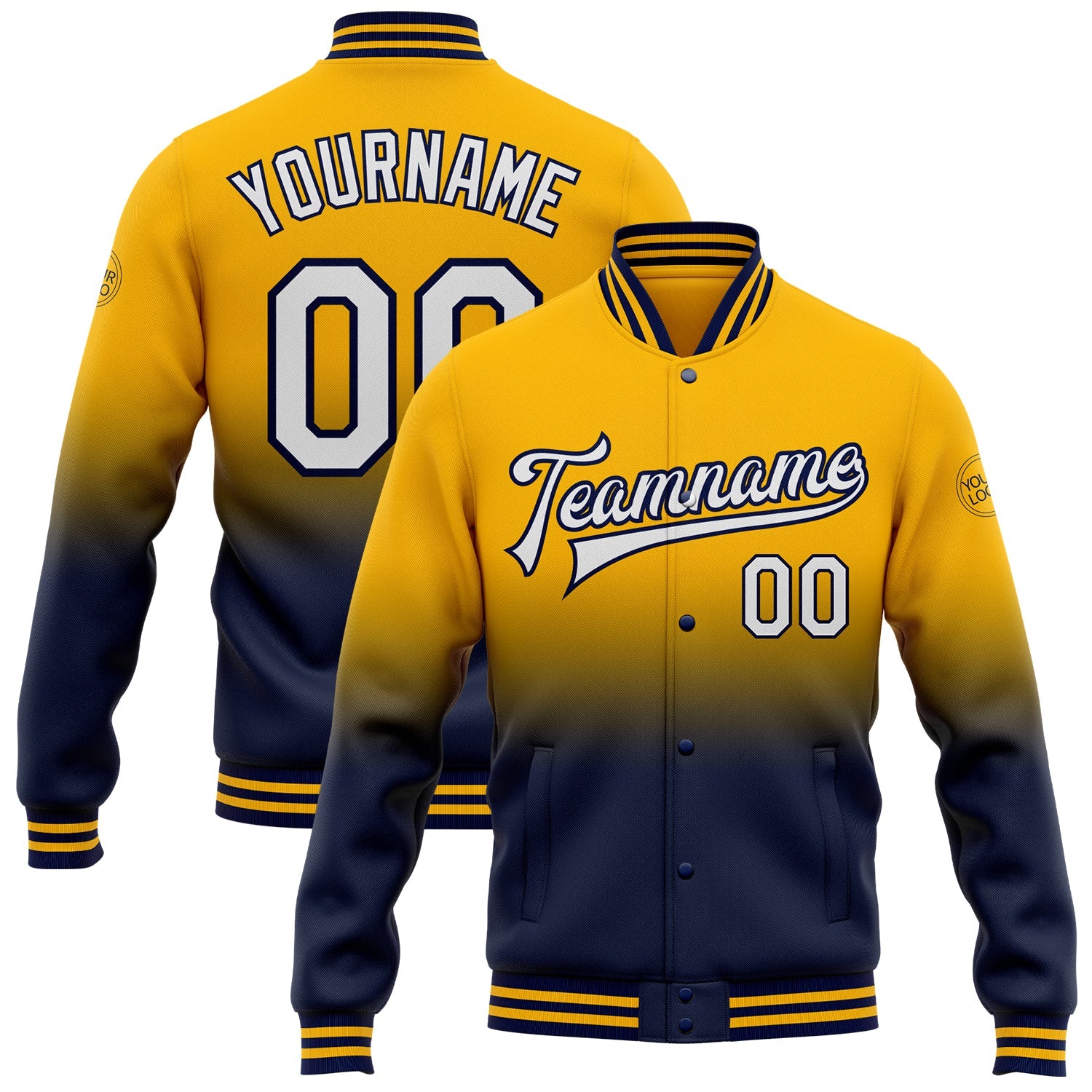 Custom Gold White-Navy Bomber Full-Snap Varsity Letterman Fade Fashion Jacket - Main View