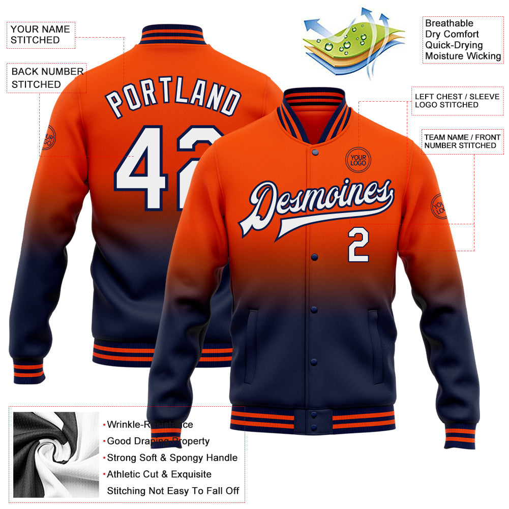 Custom Orange White-Navy Bomber Full-Snap Varsity Letterman Fade Fashion Jacket view 5