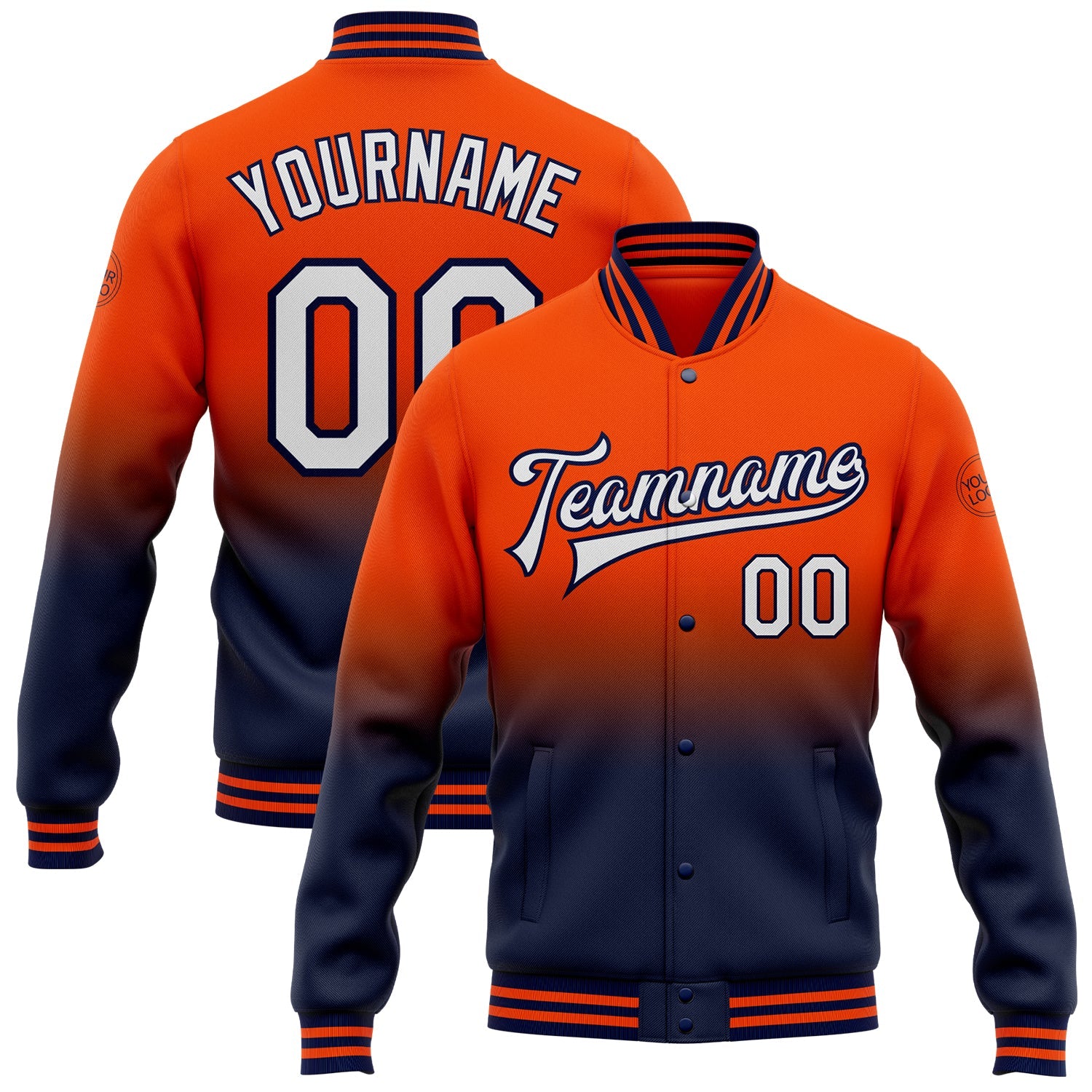 Custom Orange White-Navy Bomber Full-Snap Varsity Letterman Fade Fashion Jacket - Main View