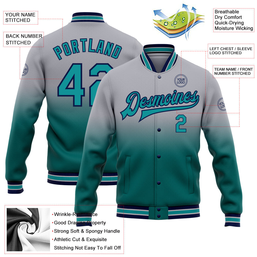 Custom Gray Teal-Navy Bomber Full-Snap Varsity Letterman Fade Fashion Jacket view 5