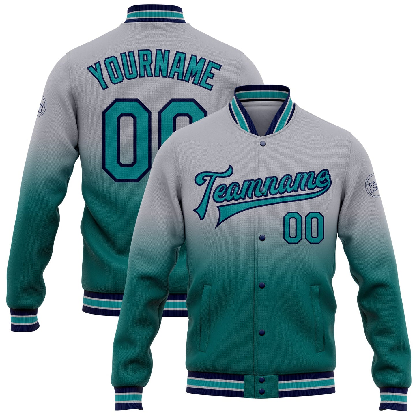 Custom Gray Teal-Navy Bomber Full-Snap Varsity Letterman Fade Fashion Jacket - Main View