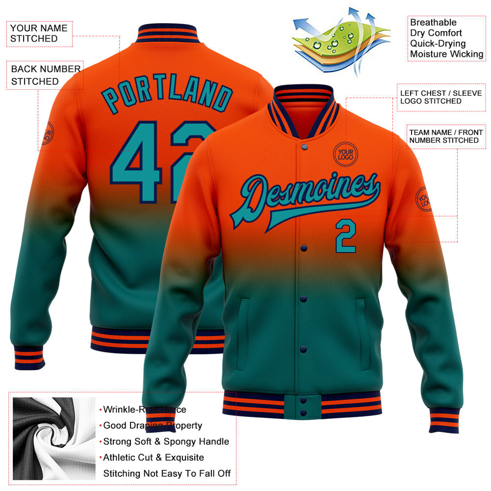 Custom Orange Teal-Navy Bomber Full-Snap Varsity Letterman Fade Fashion Jacket view 5