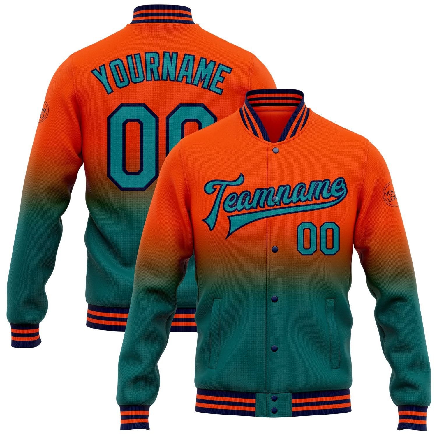 Custom Orange Teal-Navy Bomber Full-Snap Varsity Letterman Fade Fashion Jacket - Main View