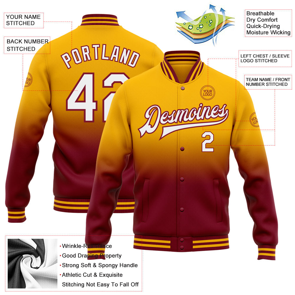 Custom Gold White-Crimson Bomber Full-Snap Varsity Letterman Fade Fashion Jacket view 5