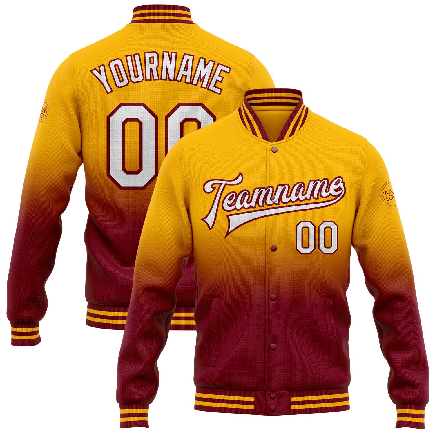 Custom Gold White-Crimson Bomber Full-Snap Varsity Letterman Fade Fashion Jacket - Main View
