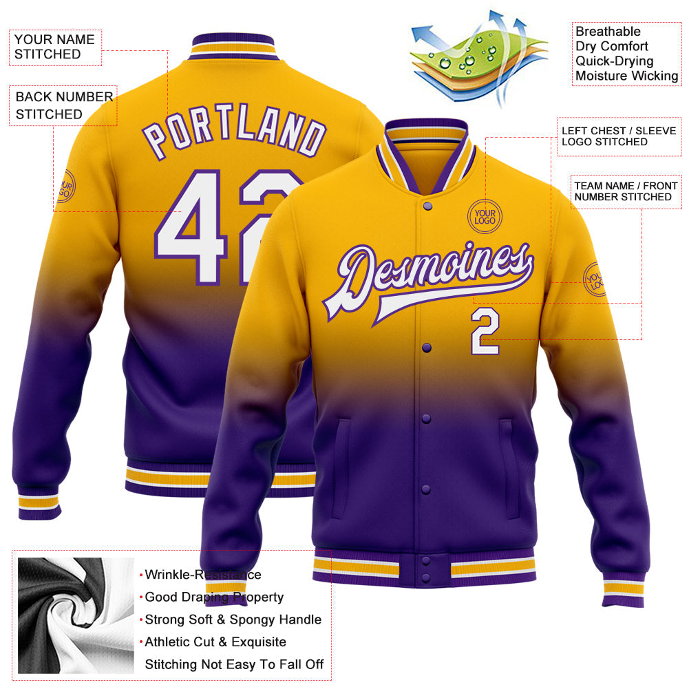 Custom Gold White-Purple Bomber Full-Snap Varsity Letterman Fade Fashion Jacket view 5