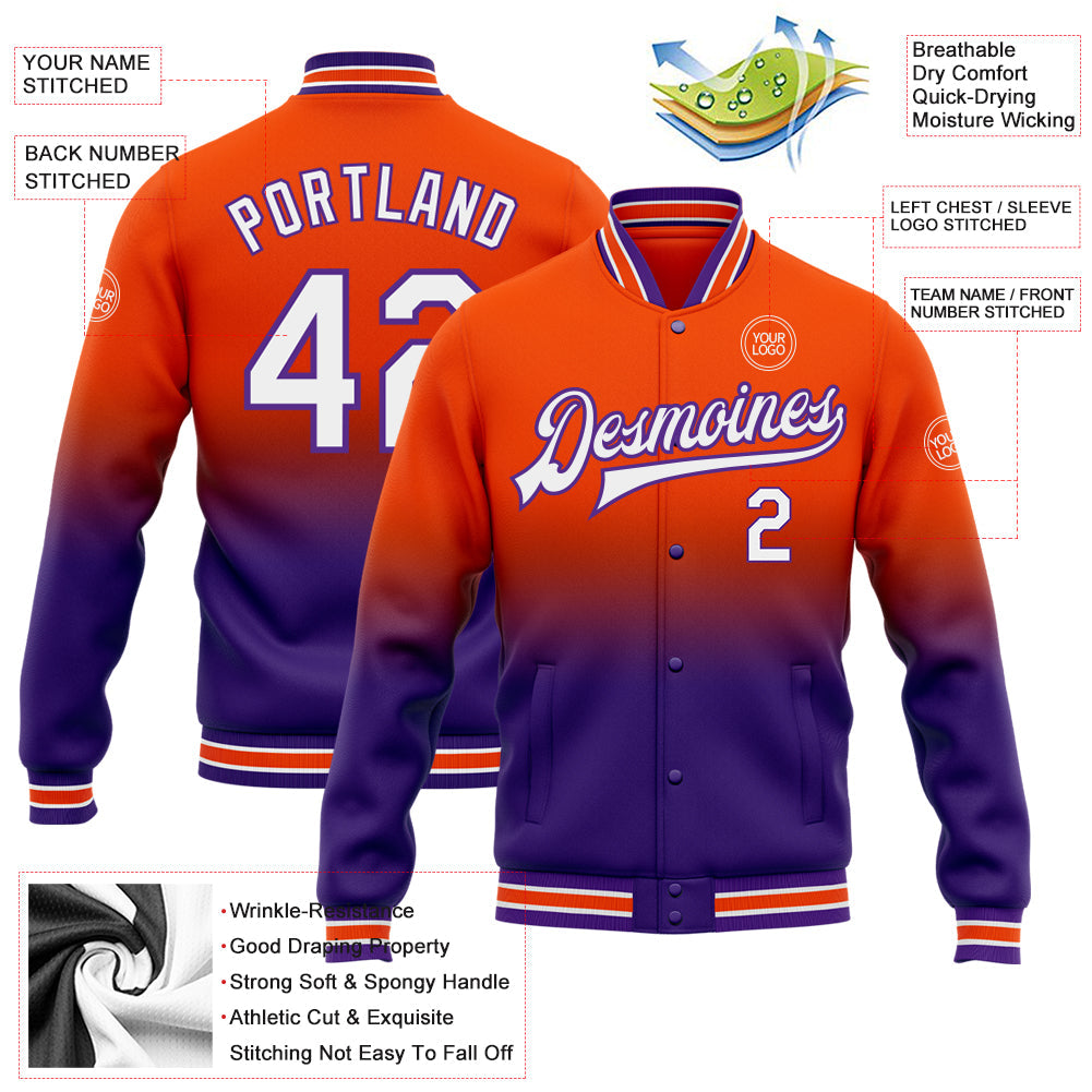 Custom Orange White-Purple Bomber Full-Snap Varsity Letterman Fade Fashion Jacket view 5