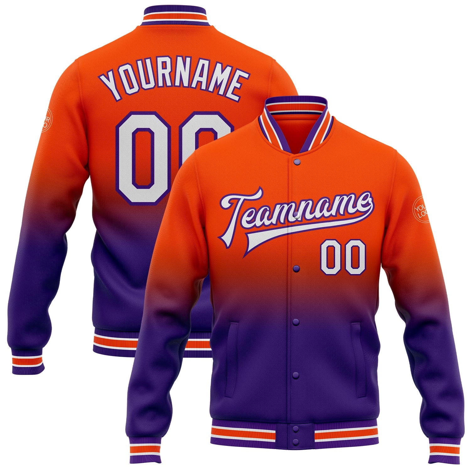 Custom Orange White-Purple Bomber Full-Snap Varsity Letterman Fade Fashion Jacket - Main View