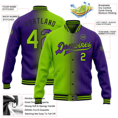 Custom Purple Neon Green-Black Bomber Full-Snap Varsity Letterman Gradient Fashion Jacket view 5