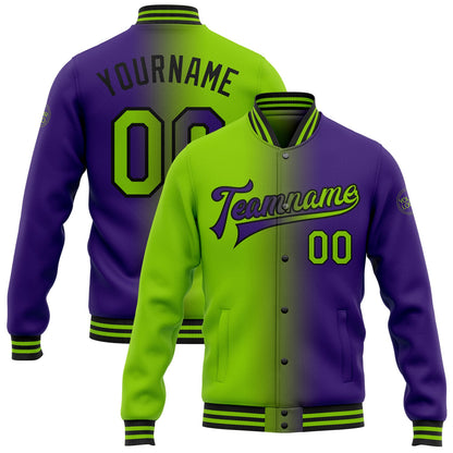 Custom Purple Neon Green-Black Bomber Full-Snap Varsity Letterman Gradient Fashion Jacket - Main View