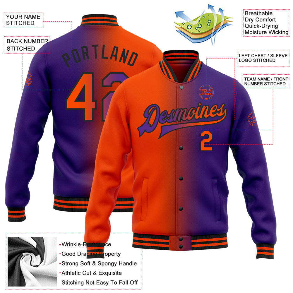 Custom Purple Orange-Black Bomber Full-Snap Varsity Letterman Gradient Fashion Jacket view 5