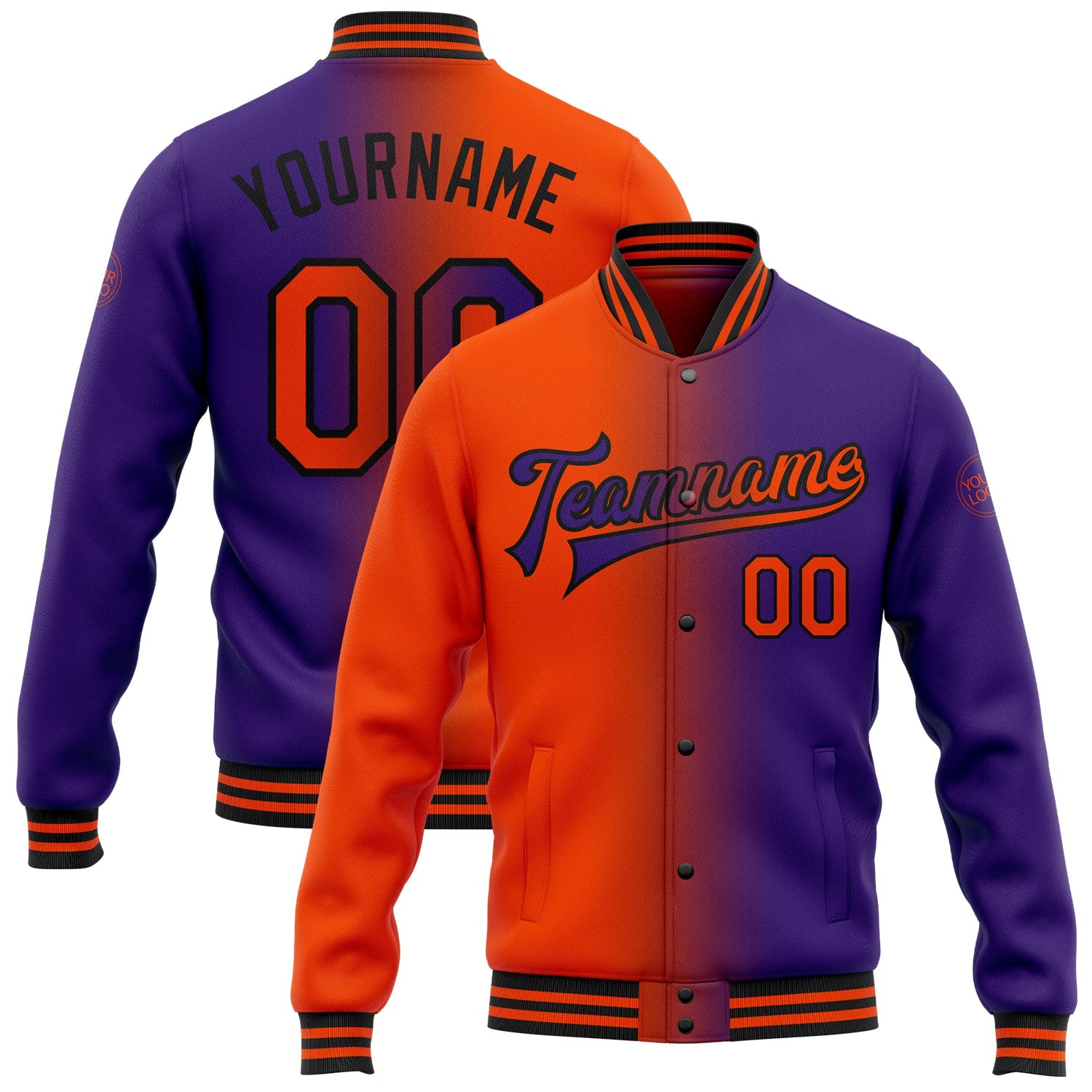 Custom Purple Orange-Black Bomber Full-Snap Varsity Letterman Gradient Fashion Jacket - Main View