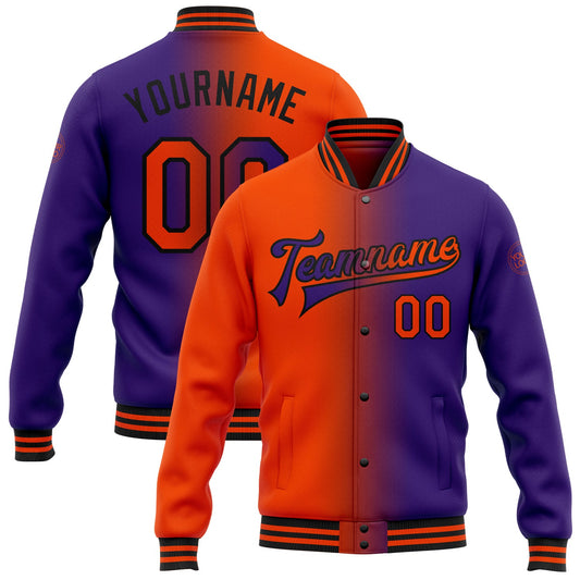 Custom Purple Orange-Black Bomber Full-Snap Varsity Letterman Gradient Fashion Jacket - Main View