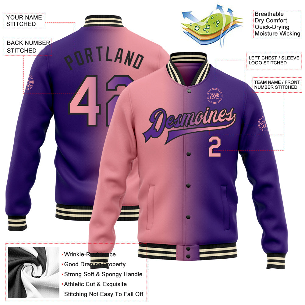 Custom Purple Medium Pink-Black Bomber Full-Snap Varsity Letterman Gradient Fashion Jacket view 5